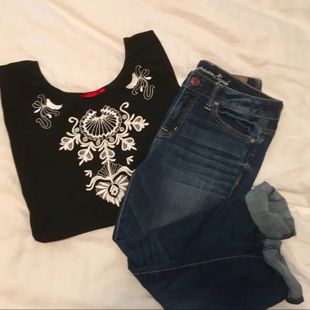 Love Notes floral embroidered black tunic